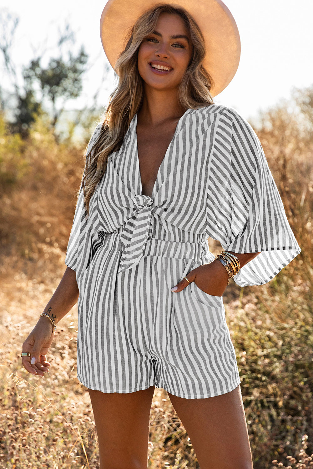 Grey Striped Print Tie Knot Front Romper With Pockets