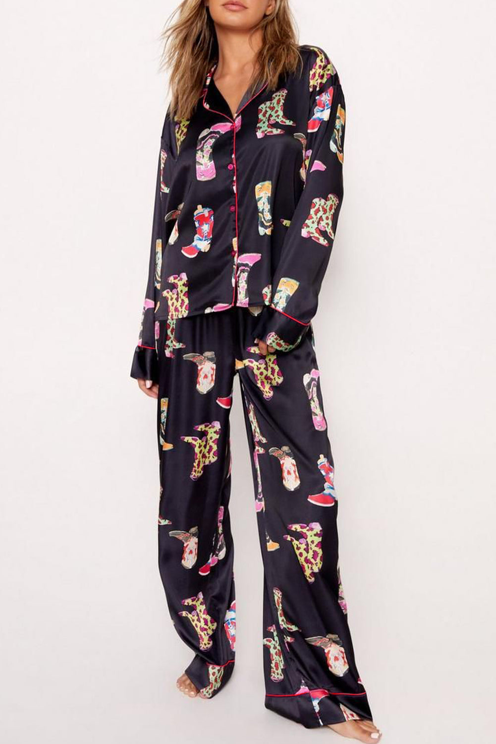 Black Boots Print Loose Shirt and Wide Leg Pajama Set