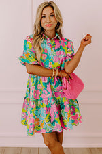 Load image into Gallery viewer, Green Floral Puff Sleeve Buttoned Babydoll Dress
