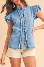 Load image into Gallery viewer, Ashleigh Blue Button Front Ruffled Flutter Frayed Denim Top
