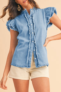 Ashleigh Blue Button Front Ruffled Flutter Frayed Denim Top