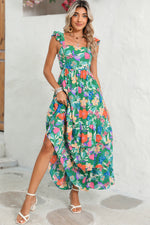 Load image into Gallery viewer, Green Boho Floral Print Ruffle Sleeveless Tiered Maxi Dress
