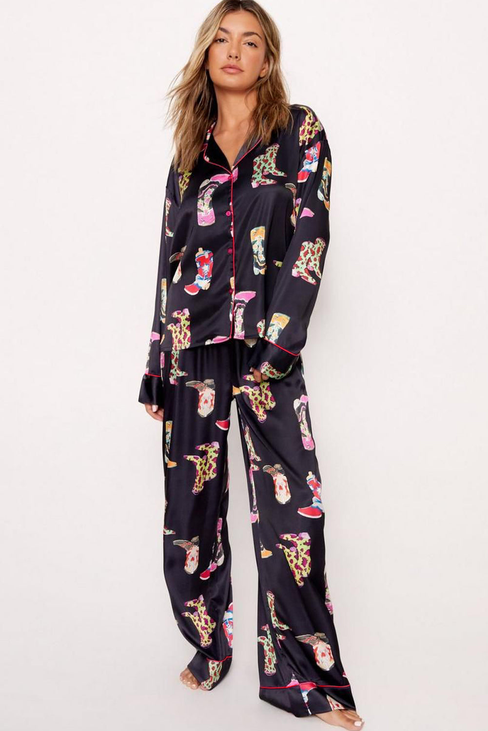 Black Boots Print Loose Shirt and Wide Leg Pajama Set