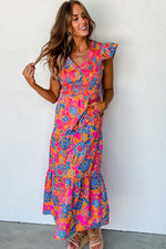 Load image into Gallery viewer, Dark Blue Boho Floral V Neck Ruffle Tiered Long Dress
