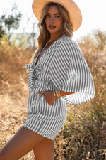 Load image into Gallery viewer, Grey Striped Print Tie Knot Front Romper With Pockets
