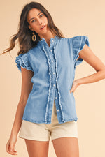 Load image into Gallery viewer, Ashleigh Blue Button Front Ruffled Flutter Frayed Denim Top
