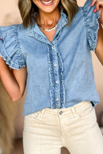 Load image into Gallery viewer, Ashleigh Blue Button Front Ruffled Flutter Frayed Denim Top
