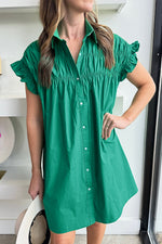 Load image into Gallery viewer, Bright Green Shirred Ruffle Sleeve Button Up Shirt Dress
