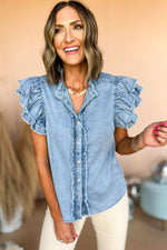 Load image into Gallery viewer, Ashleigh Blue Button Front Ruffled Flutter Frayed Denim Top
