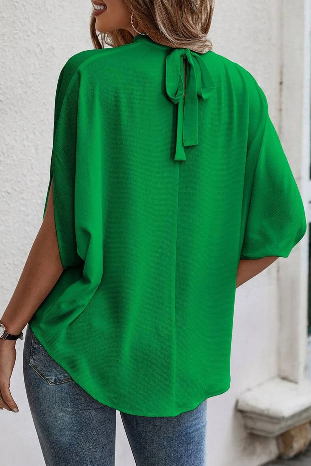 Bright Green Solid Color Batwing Sleeve Knotted Blouse