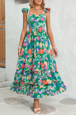 Load image into Gallery viewer, Green Boho Floral Print Ruffle Sleeveless Tiered Maxi Dress
