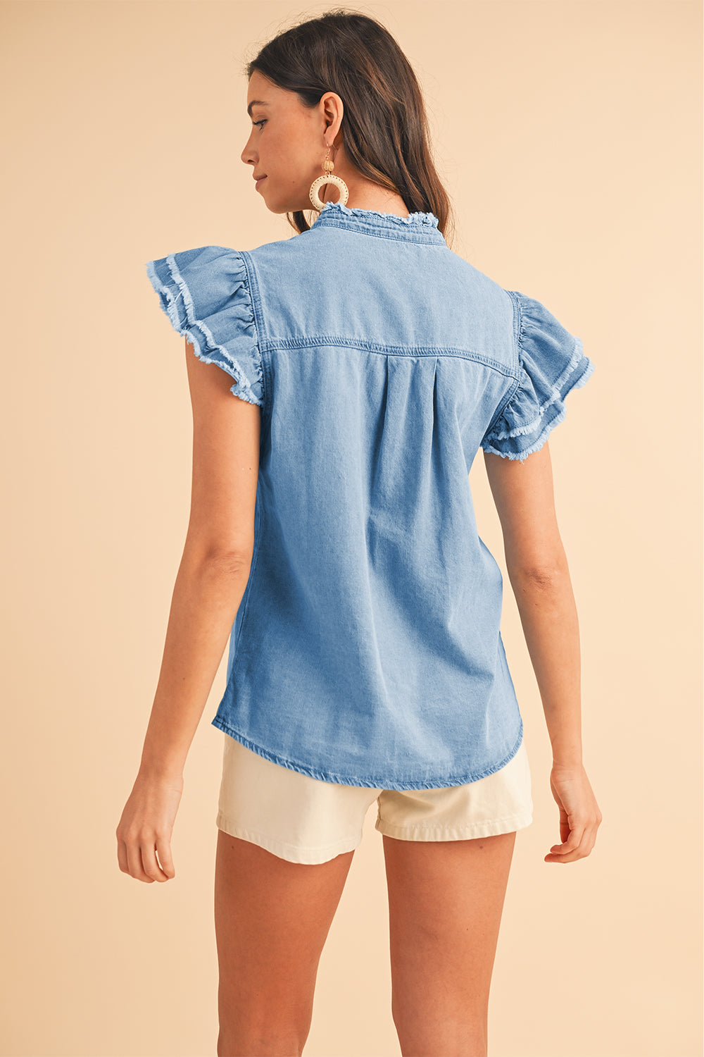 Ashleigh Blue Button Front Ruffled Flutter Frayed Denim Top