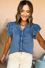 Load image into Gallery viewer, Ashleigh Blue Button Front Ruffled Flutter Frayed Denim Top
