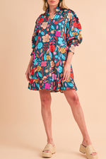 Load image into Gallery viewer, Green 60s Flower Print Ruffle Trim V Neck Mini Dress
