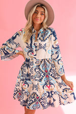 Load image into Gallery viewer, White Ethnic Print Boho Button Tiered Mini Dress
