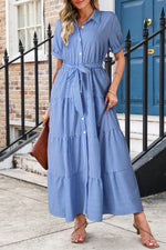 Load image into Gallery viewer, Blue Striped Button Front Belted Shirt Collar Maxi Dress
