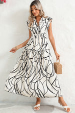 Load image into Gallery viewer, White Abstract Print V Neck Ruffle Maxi Dress
