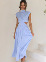 Load image into Gallery viewer, Cutout Mock Neck Sleeveless Ruched Dress
