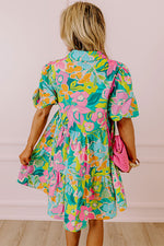 Load image into Gallery viewer, Green Floral Puff Sleeve Buttoned Babydoll Dress
