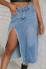 Load image into Gallery viewer, Raw Hem Slit Denim Skirt with Pockets
