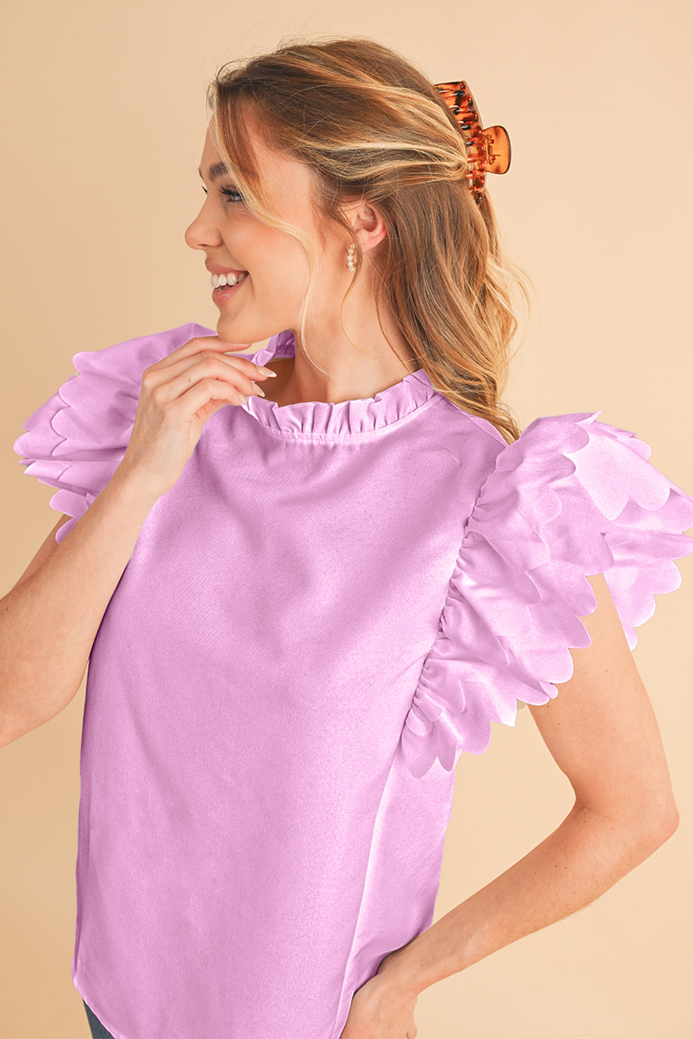 Bright Pink Solid Scalloped Ruffle Sleeve Blouse