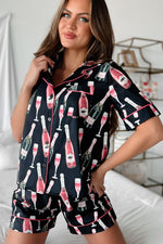 Load image into Gallery viewer, Black Champagne Print Silky Short Sleeve Pajamas Set
