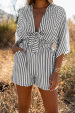 Load image into Gallery viewer, Grey Striped Print Tie Knot Front Romper With Pockets
