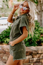 Load image into Gallery viewer, Moss Green Distressed Frayed Denim Romper
