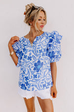 Load image into Gallery viewer, Dark Blue Floral Print Ruffled Bubble Sleeve Blouse
