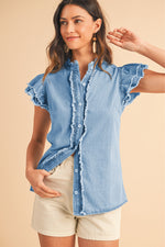 Load image into Gallery viewer, Ashleigh Blue Button Front Ruffled Flutter Frayed Denim Top
