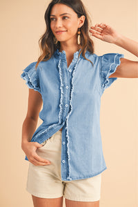 Ashleigh Blue Button Front Ruffled Flutter Frayed Denim Top