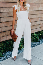 Load image into Gallery viewer, White Smocked Ruffle Strap Pocket Wide Leg Jumpsuit
