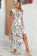 Load image into Gallery viewer, White Abstract Print V Neck Ruffle Maxi Dress
