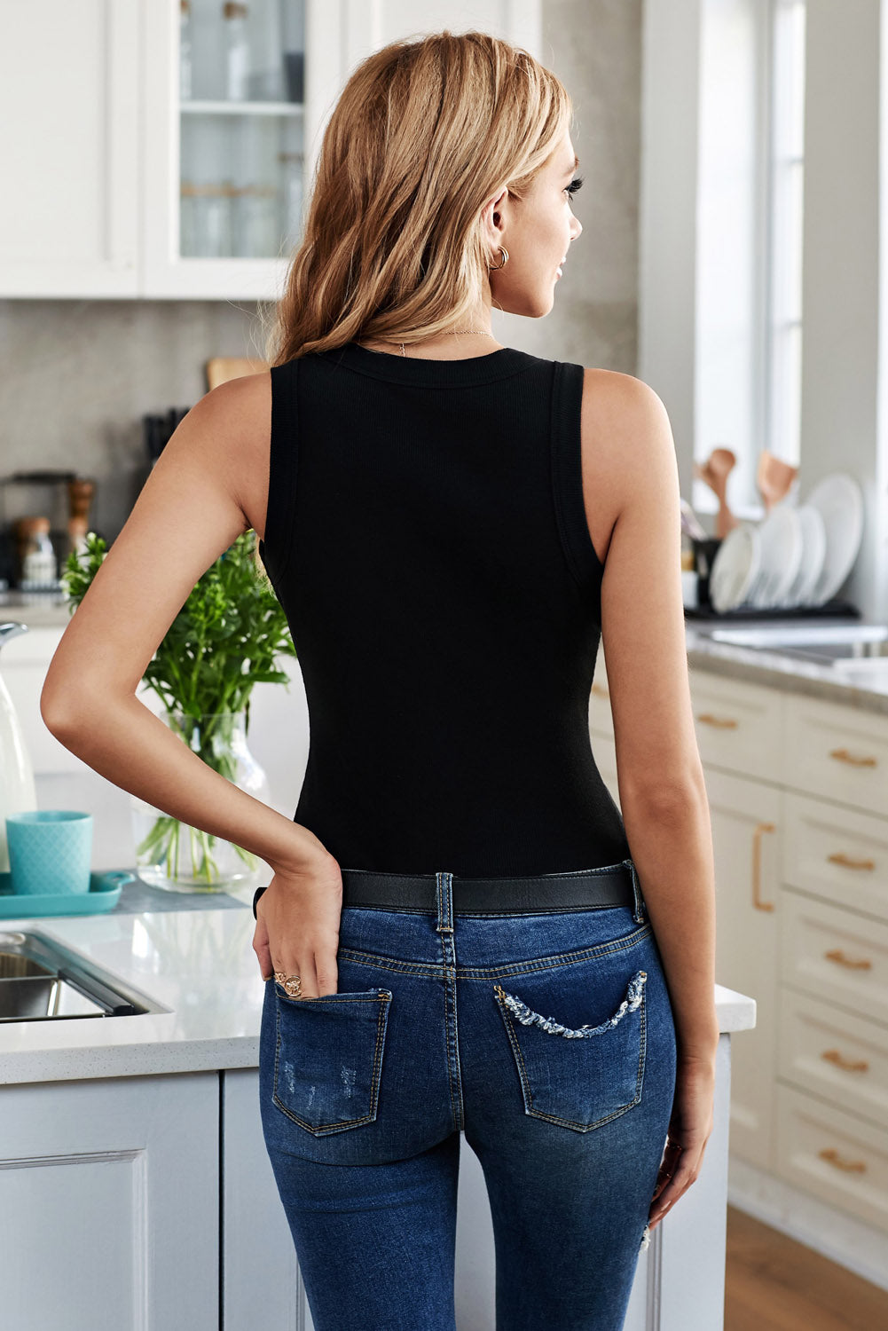 Plain White Solid Round Neck Ribbed Tank Top