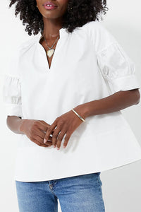 White Solid Color Ruched Bubble Sleeve V Neck Shirt