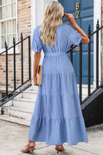 Load image into Gallery viewer, Blue Striped Button Front Belted Shirt Collar Maxi Dress
