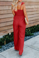 Load image into Gallery viewer, White Smocked Ruffle Strap Pocket Wide Leg Jumpsuit
