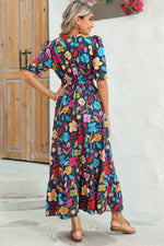 Load image into Gallery viewer, Green Floral Print Split V Neck Puff Sleeve Maxi Dress
