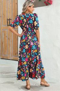 Green Floral Print Split V Neck Puff Sleeve Maxi Dress