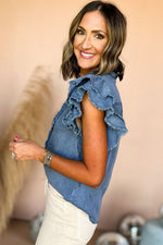 Load image into Gallery viewer, Ashleigh Blue Button Front Ruffled Flutter Frayed Denim Top
