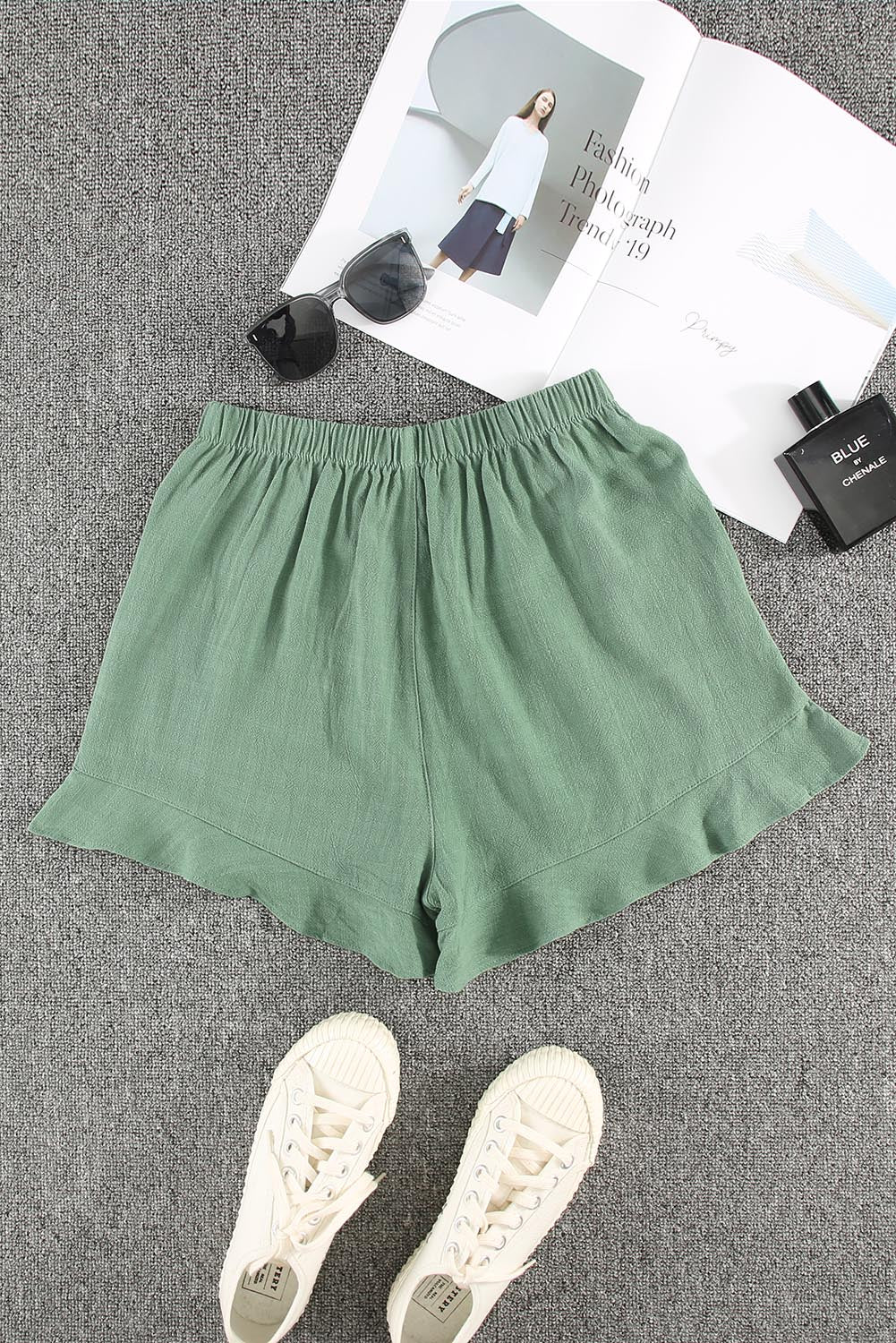 Green Casual Pocketed Ruffle High Waisted Shorts