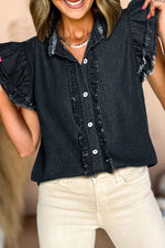 Load image into Gallery viewer, Ashleigh Blue Button Front Ruffled Flutter Frayed Denim Top
