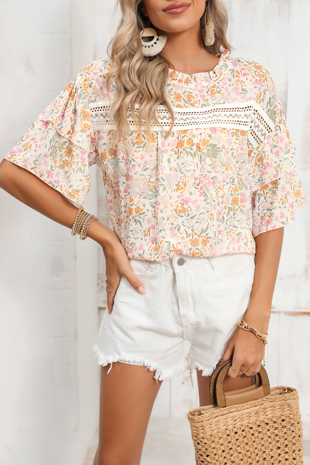 Multicolor Floral Print Wide Batwing Sleeves Blouse