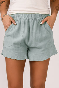 Green Casual Pocketed Ruffle High Waisted Shorts