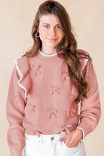 Load image into Gallery viewer, Light Pink Bow Detail Contrast Trim Ruffle Sweater
