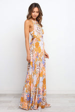 Load image into Gallery viewer, Orange Boho Floral Print Backless Lace-up Halter Maxi Dress
