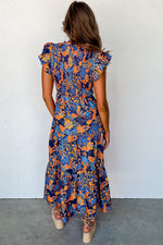 Load image into Gallery viewer, Dark Blue Boho Floral V Neck Ruffle Tiered Long Dress
