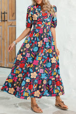 Load image into Gallery viewer, Green Floral Print Split V Neck Puff Sleeve Maxi Dress
