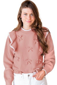 Light Pink Bow Detail Contrast Trim Ruffle Sweater