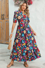 Load image into Gallery viewer, Green Floral Print Split V Neck Puff Sleeve Maxi Dress
